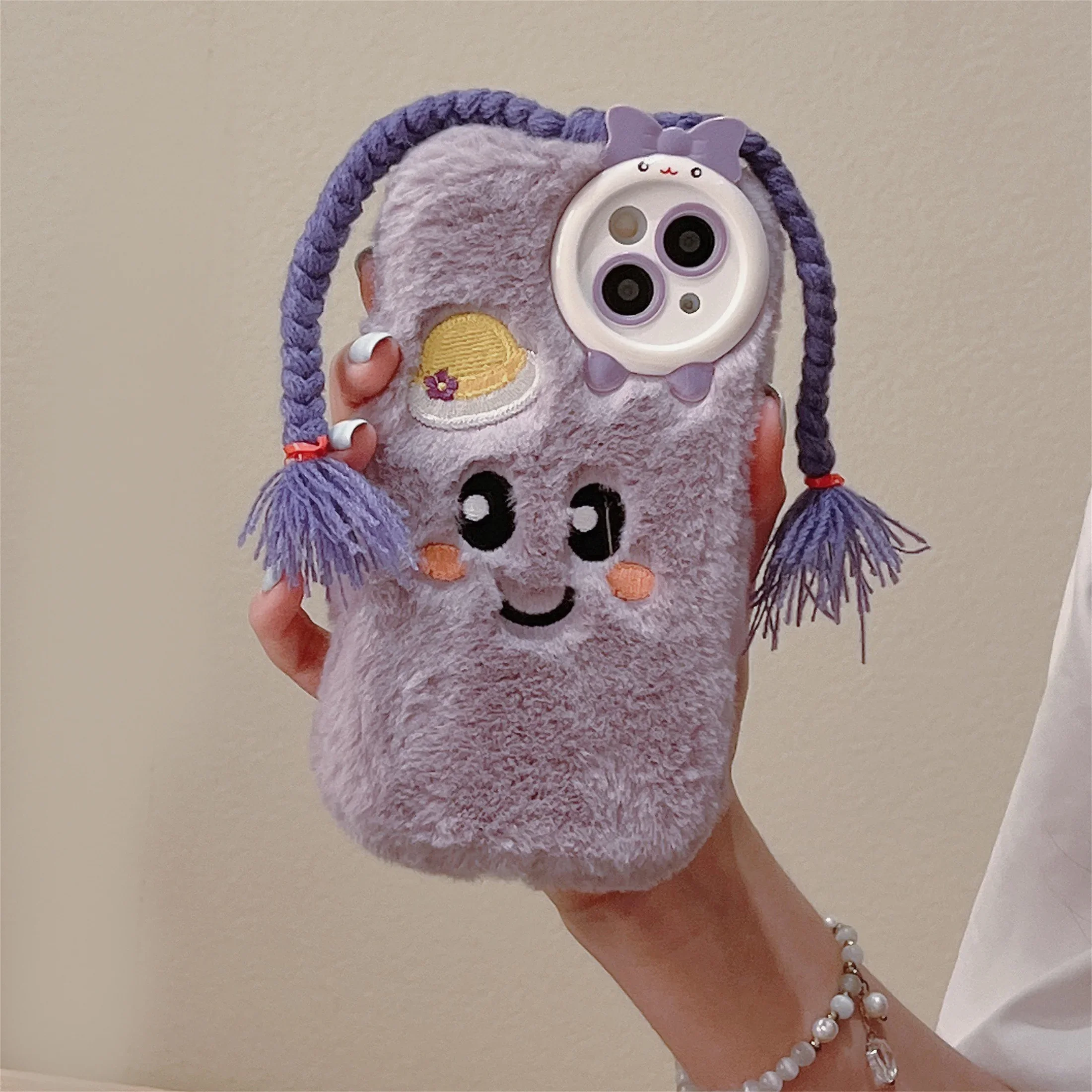 เคสโทรศัพท์ถักเปียสีม่วงน่ารักสำหรับ IPhone16 15 14 13 11 12 Pro สูงสุดขนเฟอร์อบอุ่นกันกระแทกฝาครอบป้องกันการตก