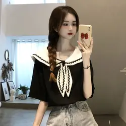 Women Summer Fashion Loose Lacing Sailor Collar Short Sleeve T-Shirt Women Clothes Preppy Style Appear Thin All-match Top Tee