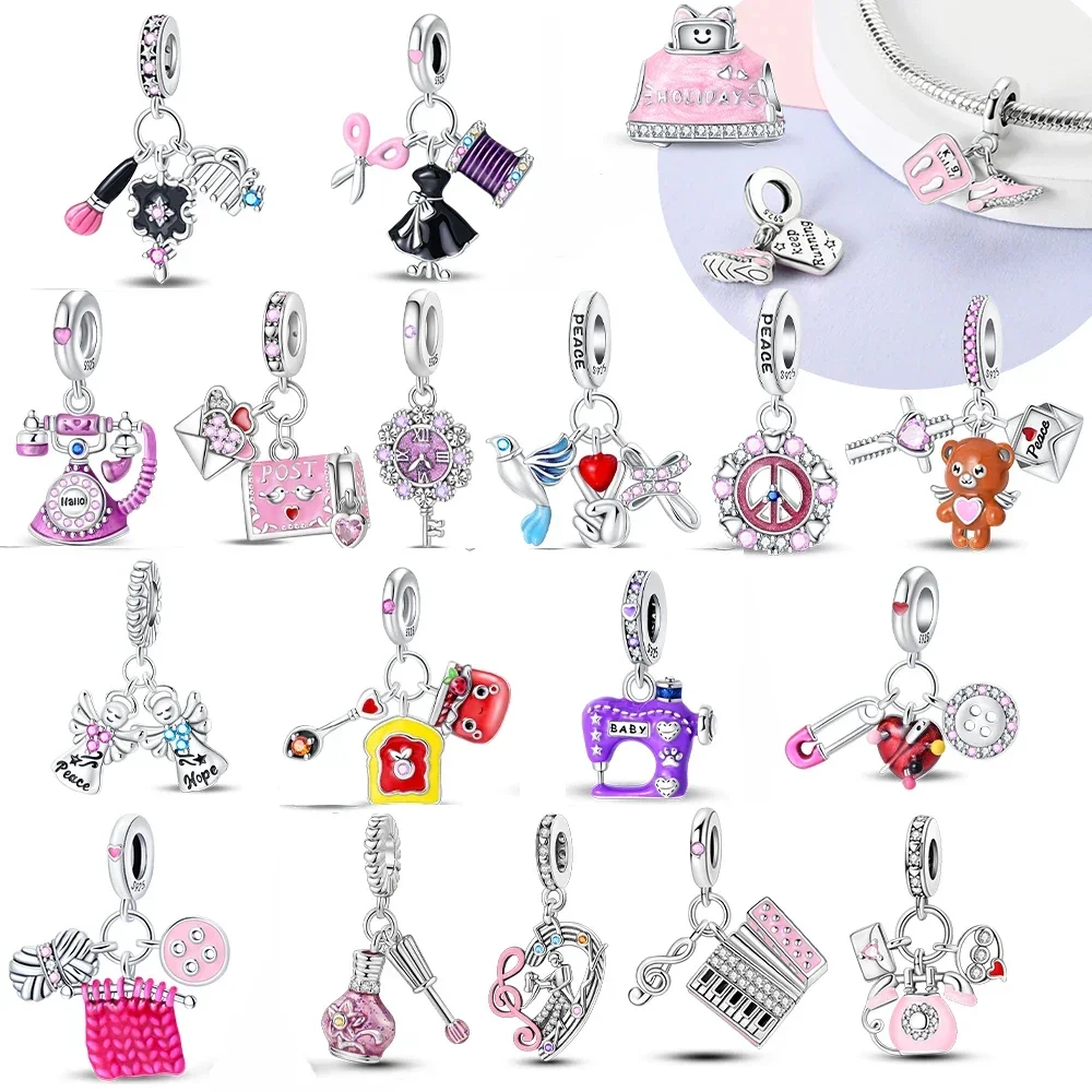 Beauty Sewing Travel Music Bear Phone Dangle Silver Plated Bead Original Charms Fit Bracelets Bag Keychain Charm Diy Women Gift