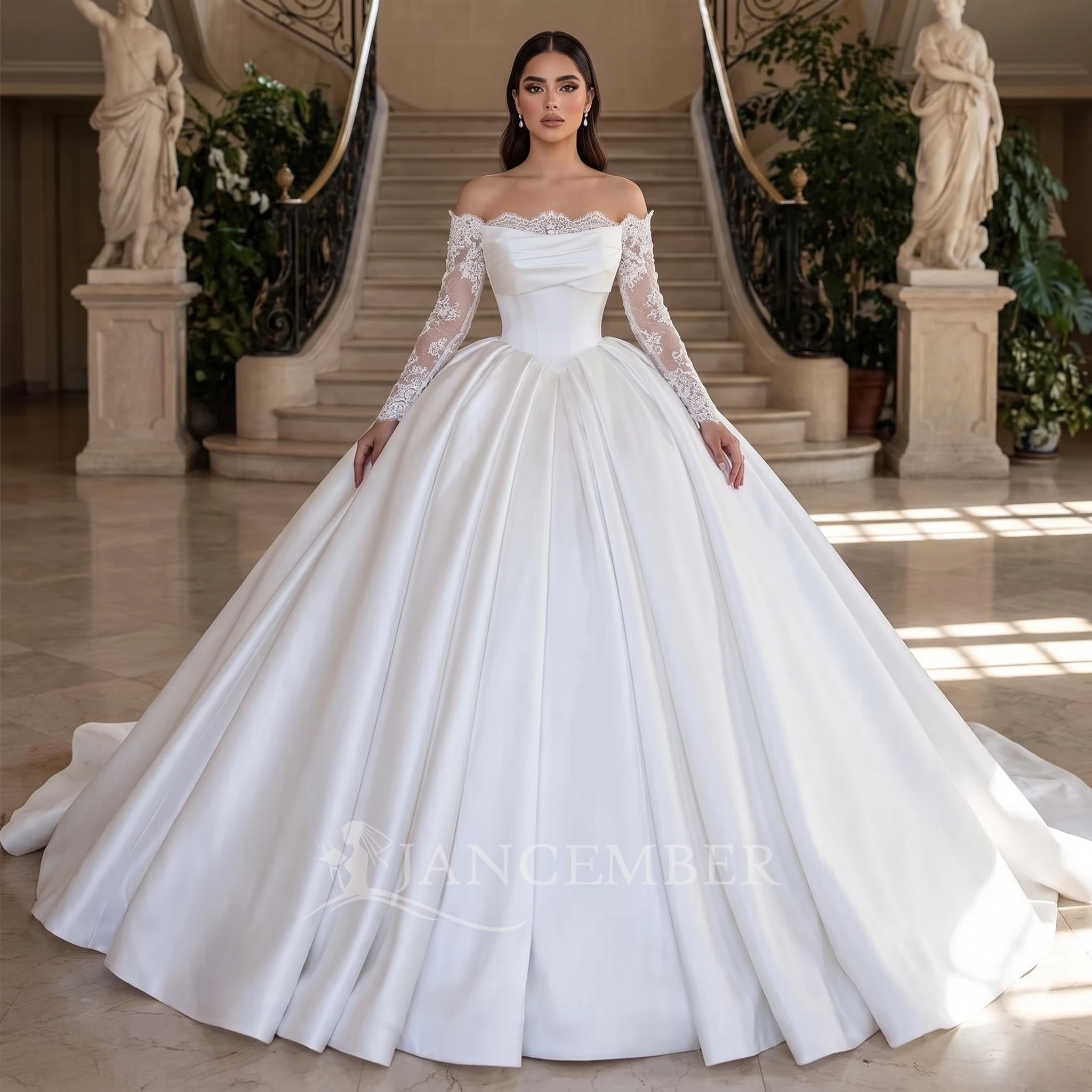 Simple Customized Satin Ball Gown Wedding Dress Long Sleeve 3-in-1 Design Chapel Train Robe De Mariée for Bride 2026