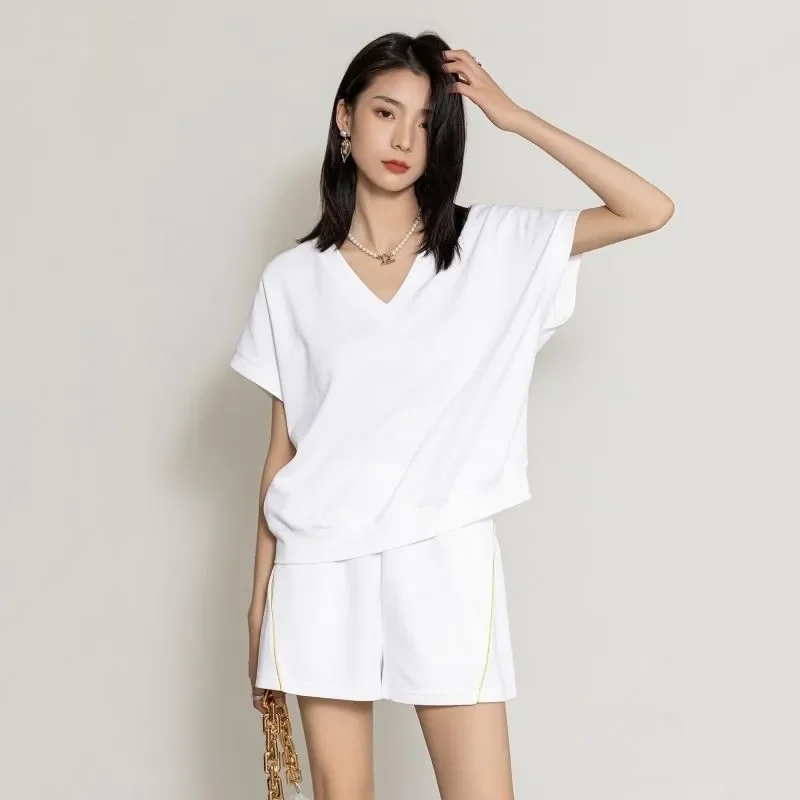 Women V Neck Short Sleeve Top Shorts Set Summer Loose Casual Solid Color Two Piece Outfit