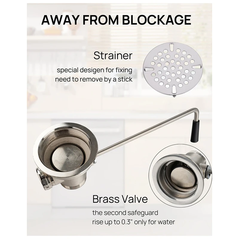 3-1/2inch Commercial Sink Drain with Twist Lever Handle, Waste Drain Valve with Overflow Inlet for 2/3 Compartment Sink-A63M