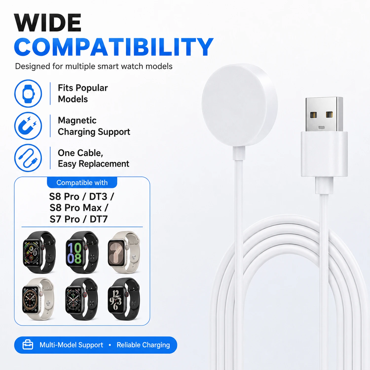 Magnetic Charging Cable For S8 Pro/DT3/S8 PRO MAX/S7 Pro/DT7, Universal Wireless Charger for Multiple Smartwatch Models, 5V/1A
