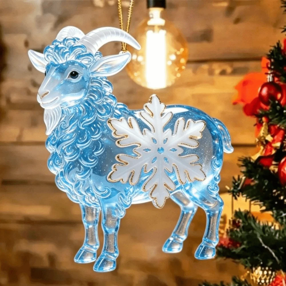 Acryl-Ziegen-Hängeornament mit Schneeflocke, Buntes Ziegen-Autoornament, Goldene Hängekordel, Ziegen-Anhänger, Feiertagsdekoration – Detail 7