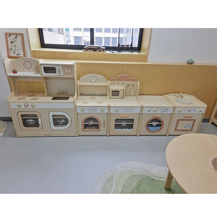 Daycare Center Kids Nursery School Preschool Furniture Sets Kindergarten Wooden Montessori Furniture Playing Kitchen Cabinets