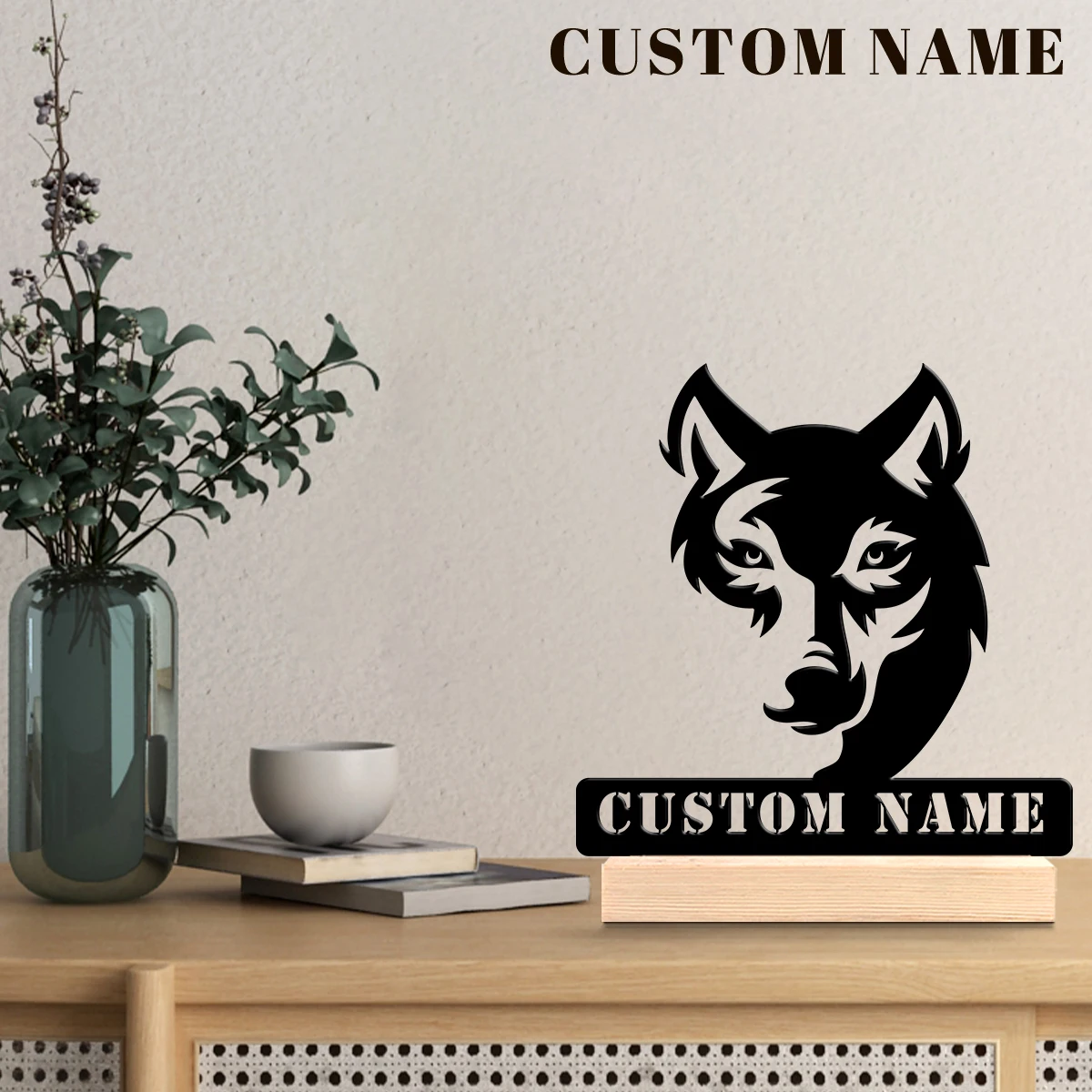 1Pc Csutom Animal Wolf Wooden Base Metal Art Ornament,Home Office Hotel Cafe Club Decor,Ideal Gift for Family Friends