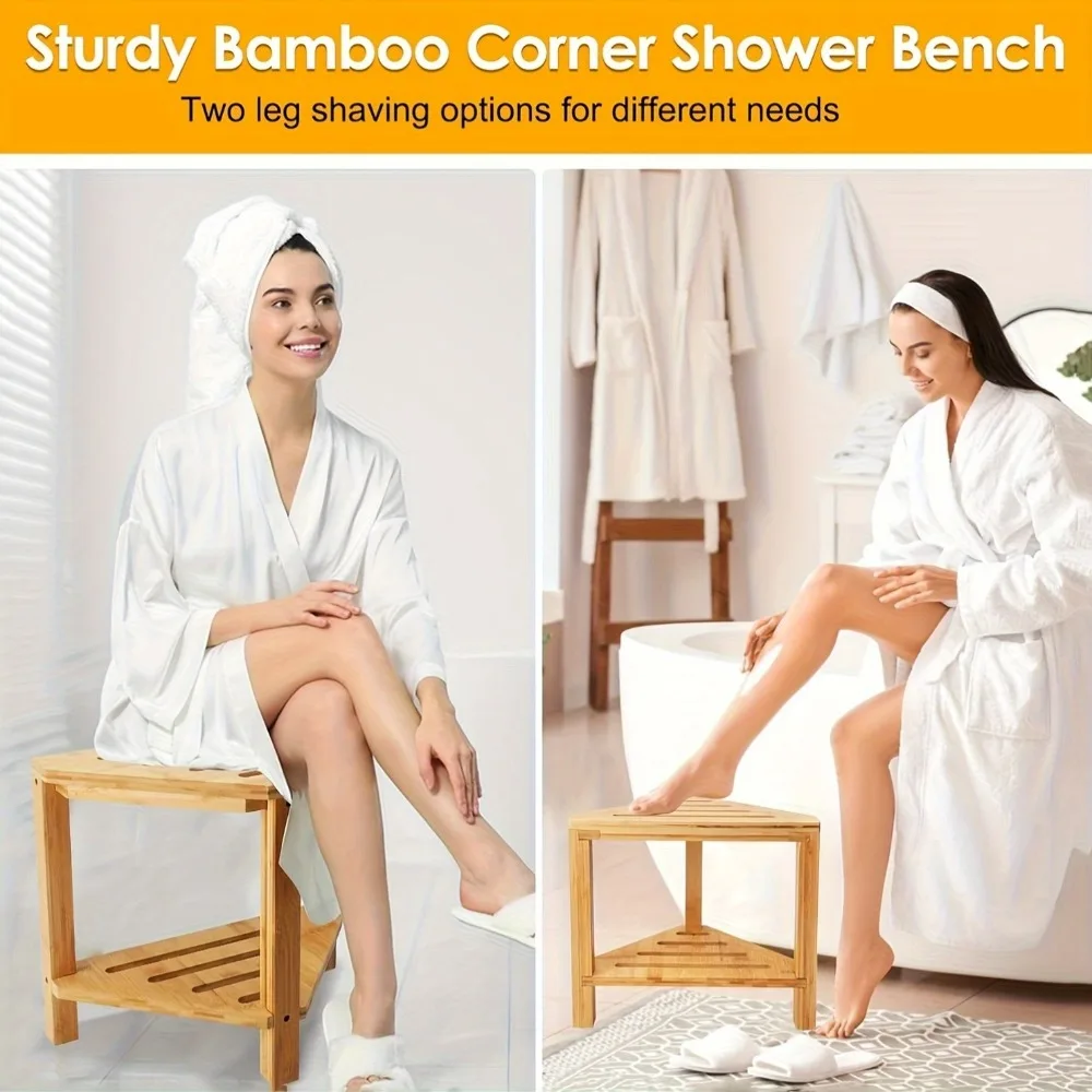 Shower Foot Rest Wood Shower Stool for Shaving Legs Waterproof Corner Shower Stool with Storage Shelf for Inside Shower Spaces image 6