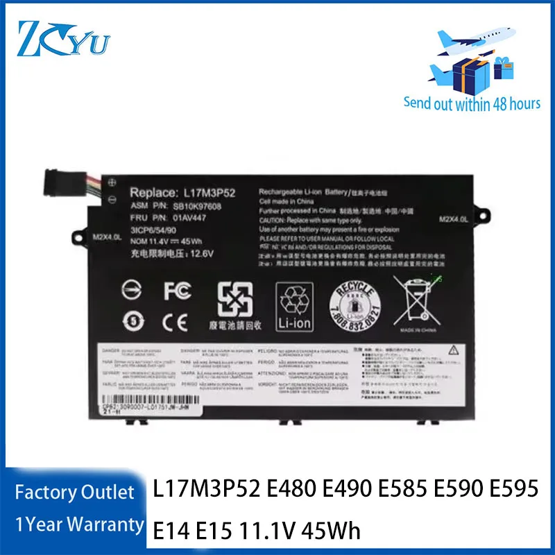 L17M3P52 Notebook Battery for Lenovo ThinkPad E480 E490 E585 E590 E595 E14 E15 11.1V 45Wh