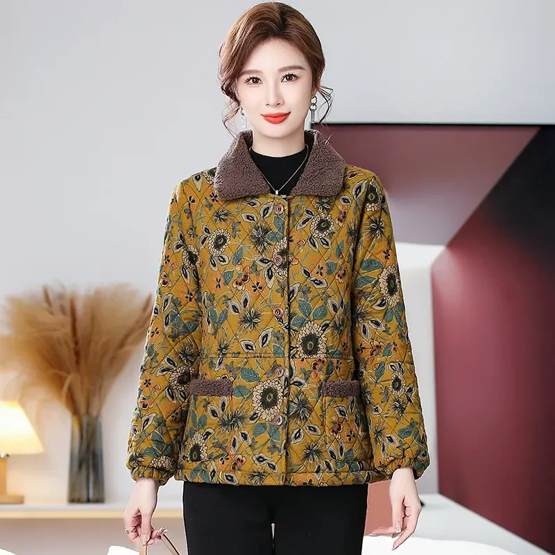 Autumn Winter Cotton Coat Women 2023 New Fashion Thicken Fleece Warm Jacket Elegant Printing Square Collar Outerwear Female