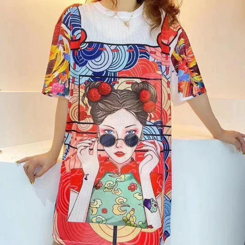 DAYIFUN Summer Quick-dry Mesh T Shirt Dress Women Short Sleeves Printed Ladies Dresses Loose Harajuku Casual Beach Sundresses