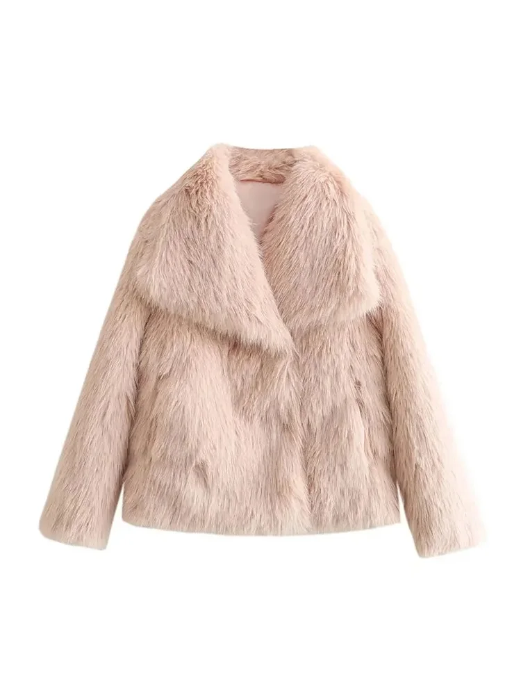 HH TRAF Women Fashion Faux Fur Loose Jacket Elegant Long Sleeve Plush Open Front Coat Oversize Female Casual Lapel Outerwear