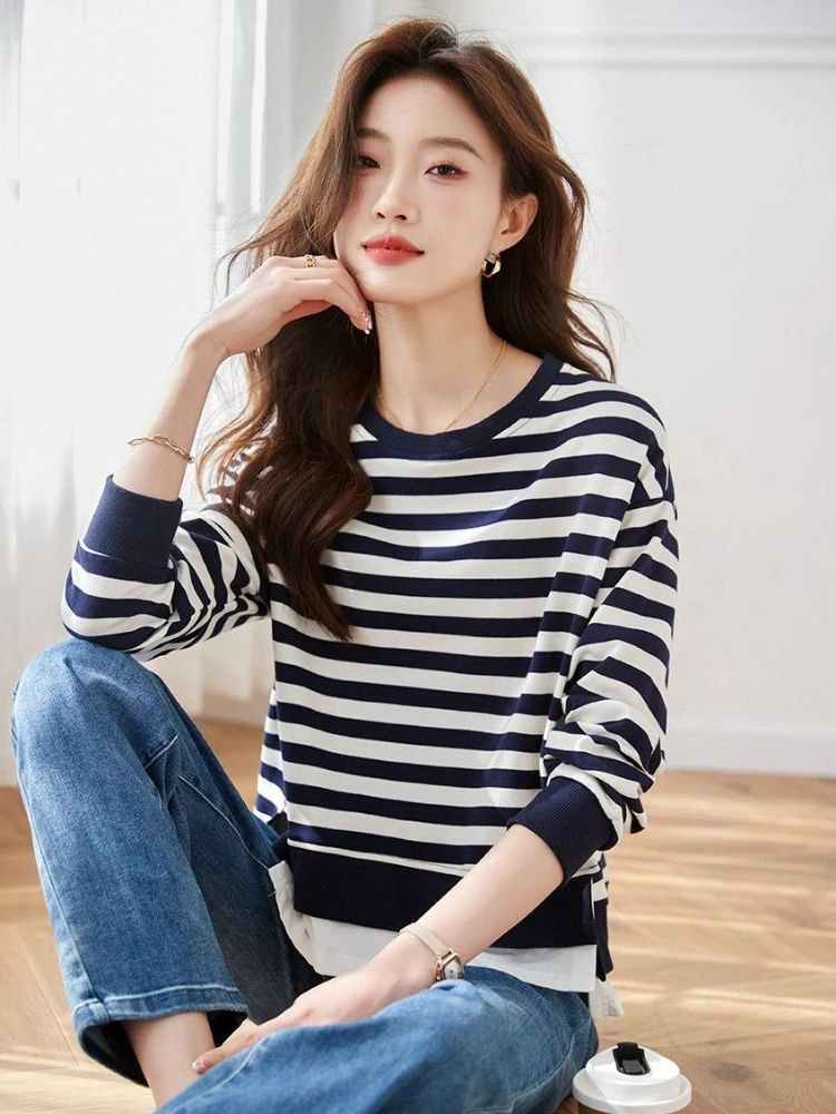 Womens Spring Fall Striped Crewneck Knitted Patchwork Pullover Versatile Mock Layer Long Sleeve Outerwear