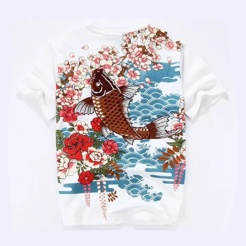 Lyprerazy Embroidery T-shirt Chinese Style Carp Fish Dragon Embroidery Short-sleeved Men\'s T-shirt Cotton Tops Tees