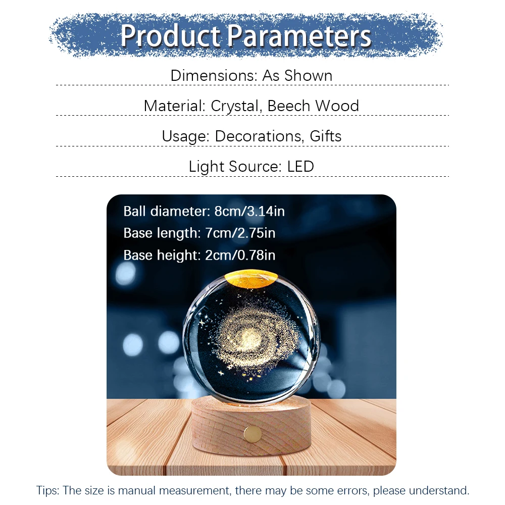 LED 3D Crystal Ball 80mm USB Rechargeable Engraved  Sphere Glass Bedside Night Light with Wooden Base Astronomy Learning