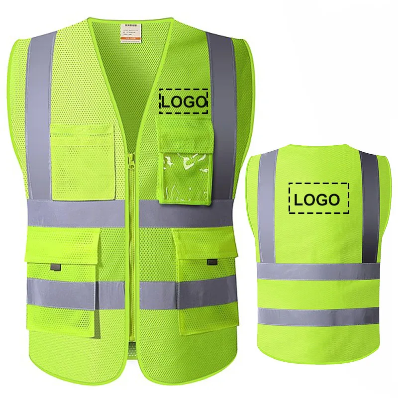 Fluorescent Yellow Mesh Vest Print Logo With Pocket Construction Work Wear Security Jacket Hi Vis Clothing