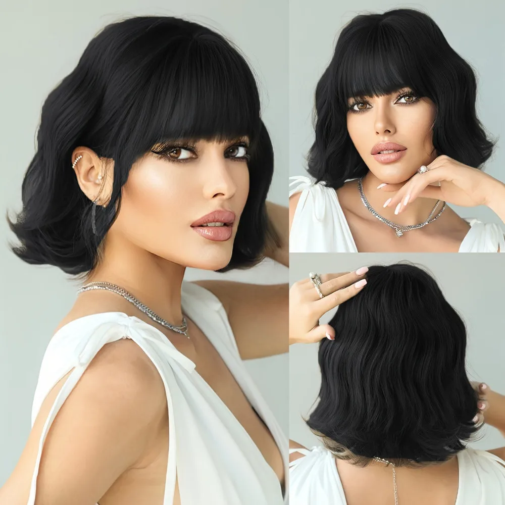 

35cm Retro Short Curly Hair Synthetic Wig Women Straight Bangs Full Hair Cover Europe and America Style