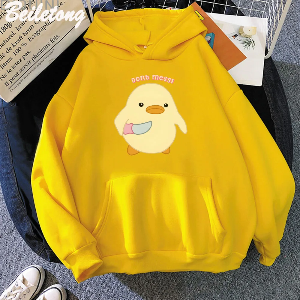 Dont Mess Duck Holding Knife Kawaii Cartoon Print Hoodies Plus Size Creativity Sweatshirts Harajuku Female Long SleeveStreetwear