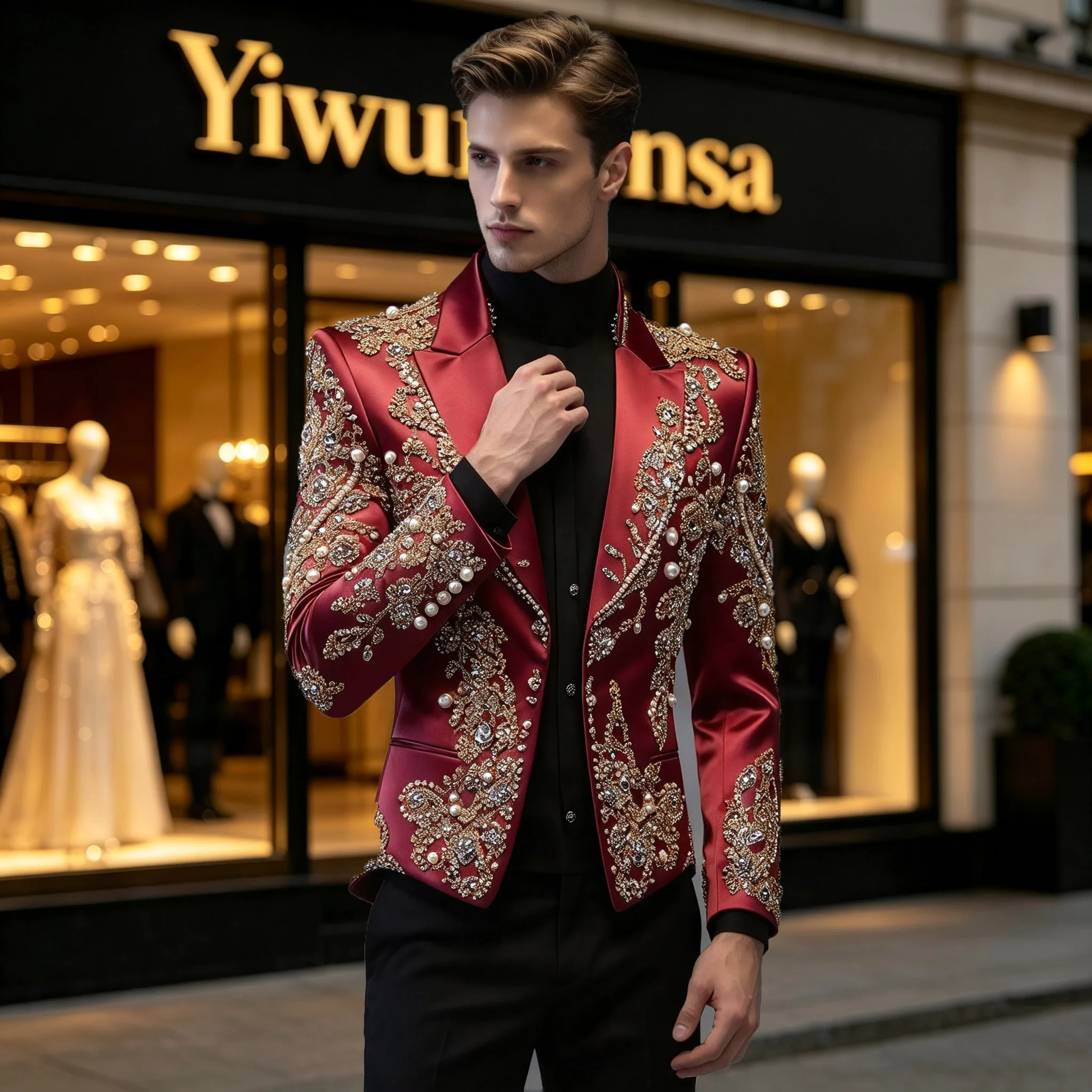 Luxury Satin Men's Suit For Wedding Guest Party Beading Pearls Prom Blazer With Black Trousers 2 Piece Sets Man Banquet Tuxedo