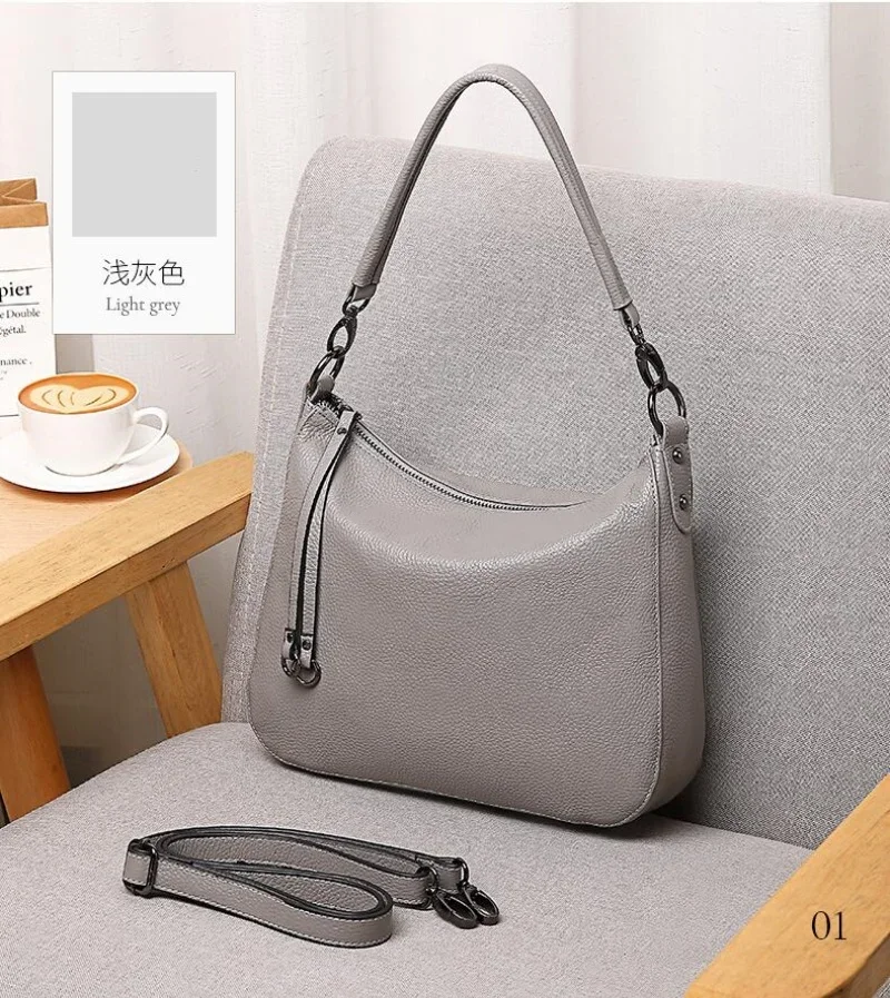 حقيبة جلدية أصلية للنساء حقيبة يد كلاسيكية بسيطة حقيبة هوبو حقيبة كتف رمادية عتيقة حقيبة كروس من جلد البقر