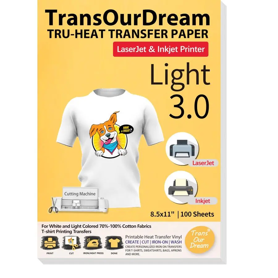 

TruHeat Transfer Paper for Inkjet amp Laserjet Printer 100 Sheets 8.5x11, 3.0 Printable HTV Heat Transfer Vinyl for T Shirts Iro
