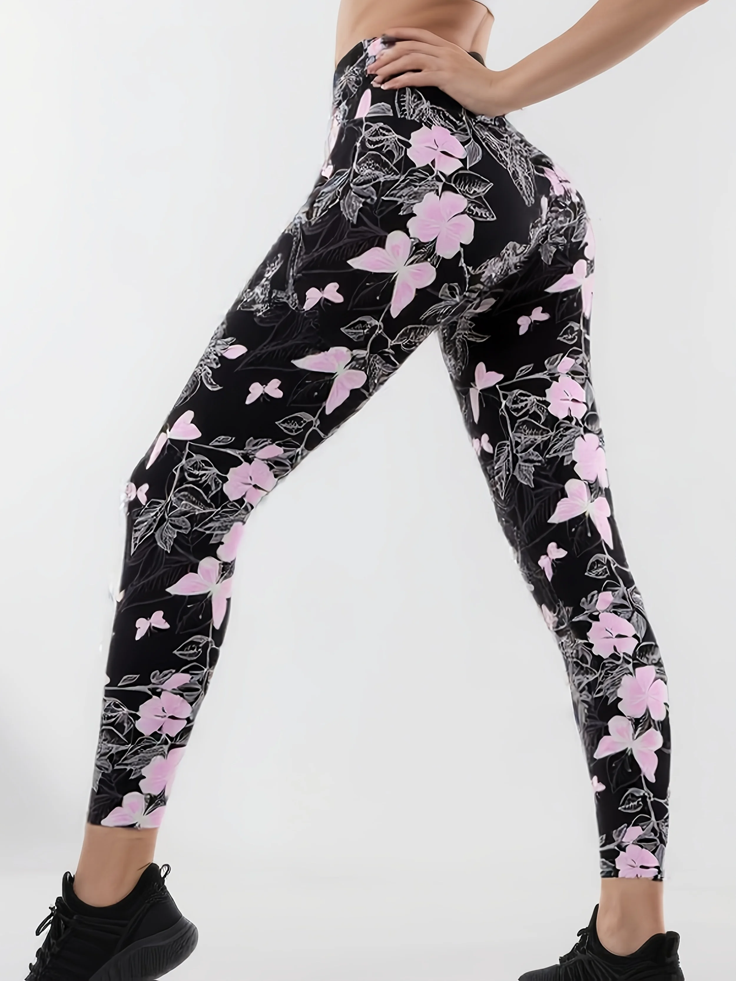 Women Mid‑Waist Fleece Lined Ankle Length Leggings Pink Butterfly Floral Print Stretch Slim Warm Elastic Casual Daily Pants