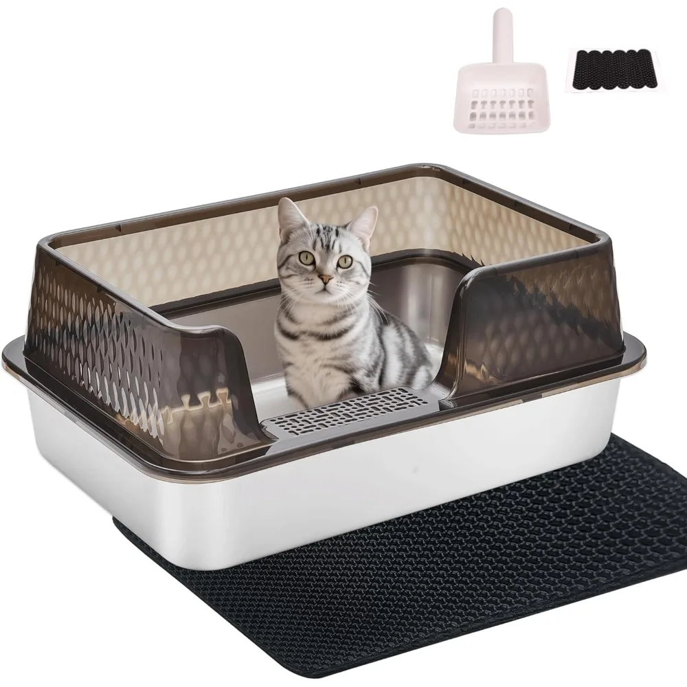 

Закрытый ящик для кошачьего туалета из нержавеющей стали среднего и низкого входа с совок с крышкой и подушечками Легко чистящийся ящик для кошачьего котенка
