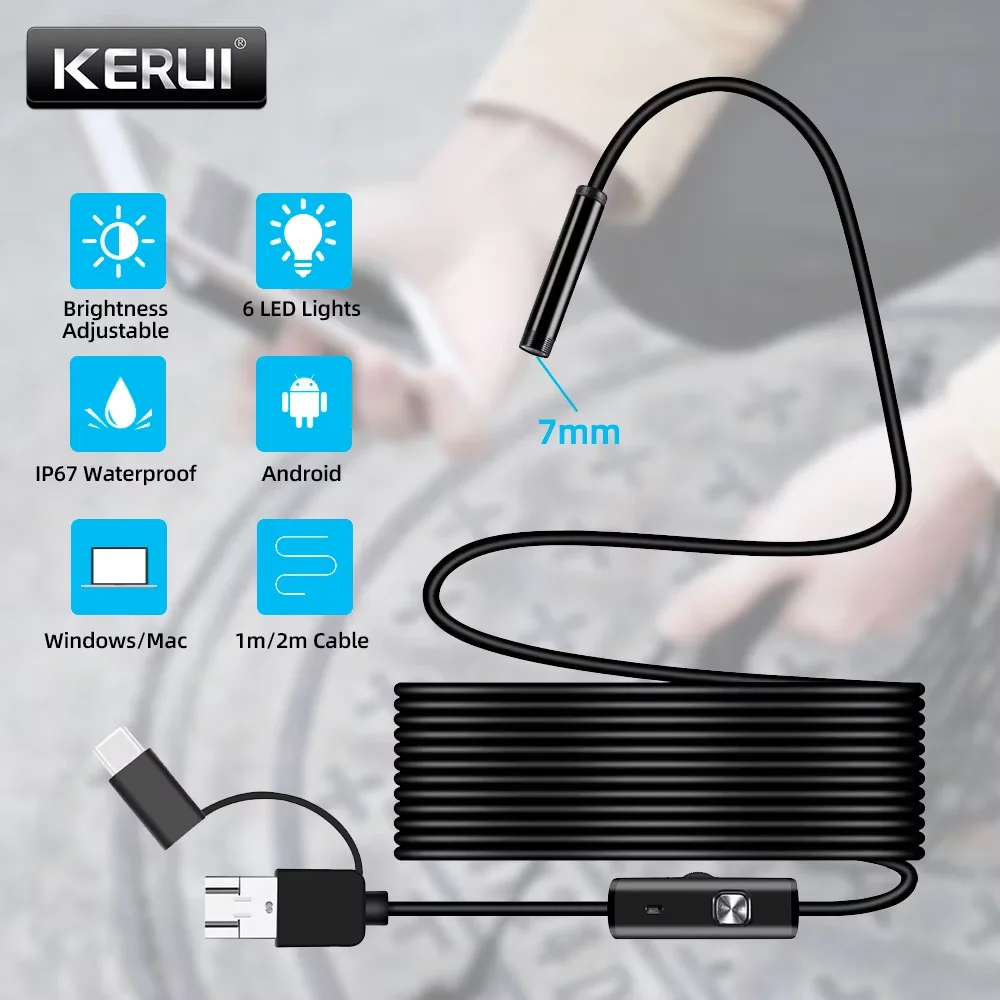 KERUI 3-in-1 Endoscope Camera for Android PC Hard Cable Mini Camera 7mm Flexible Waterproof Inspection Borescope for Pipeline