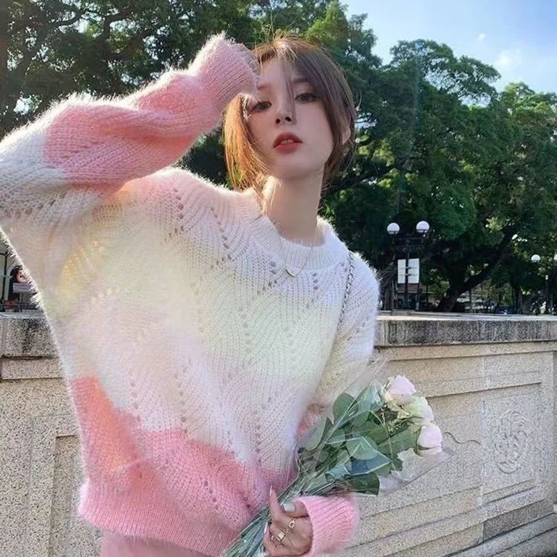 Gradient Loose Knit Sweater Women 2023 Spring Korean O-Neck Elastic Warm Pullover Top Autumn Hollow Short Striped Sweater Female