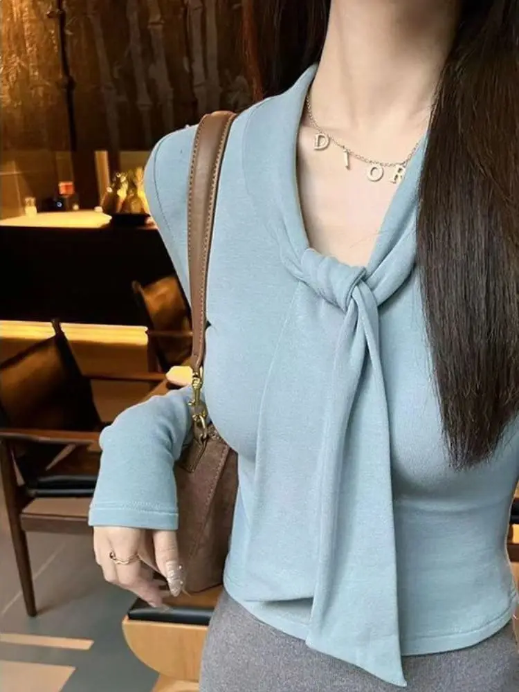 

Облегающая футболка с длинным рукавом для осени и зимы, базовый слой, внутренняя одежда, модный дизайн с элементами шарфа, элегантный женский топ