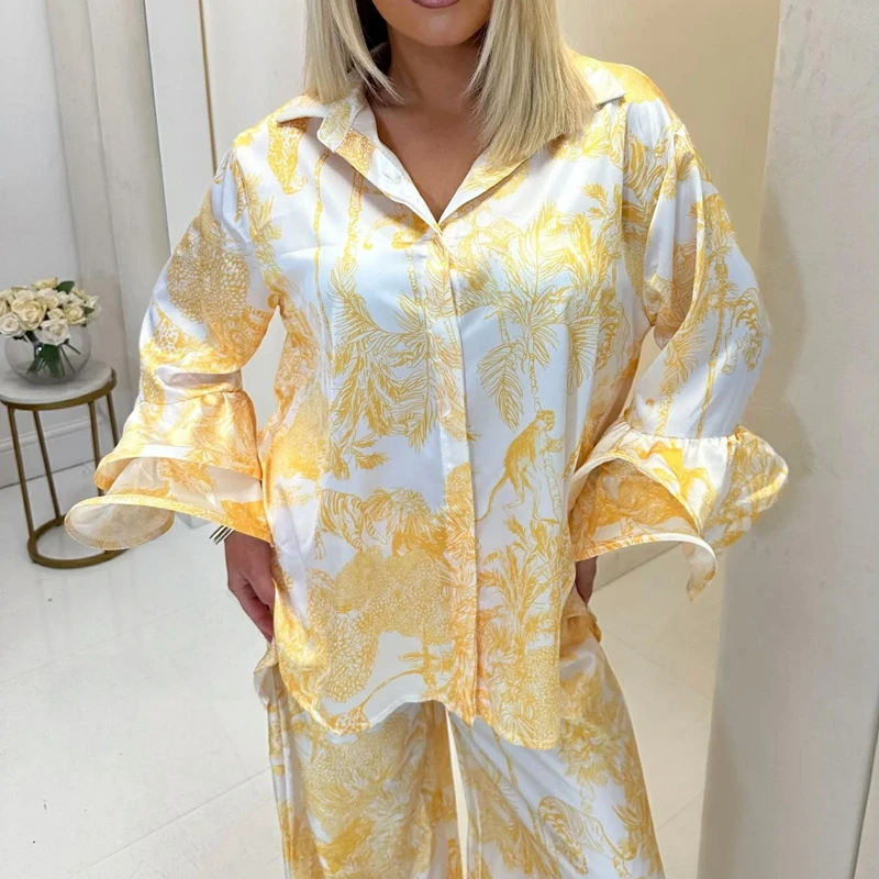 Combhasaki conjunto de roupas femininas de seda, 2 peças, estampa de árvore, babado, em camadas, manga comprida, camisa com botão + calças de cintura elástica
