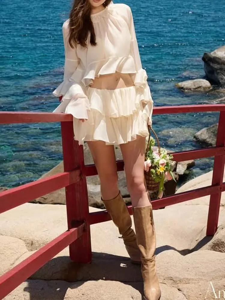 

European style new women's clothing fashionable and versatile temperament simple ruffled chiffon shirt skirt suit