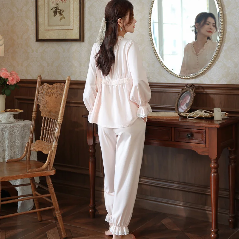 Autumn Cotton Tops Pants Loungewear Fairy Princess Sleepwear Vintage Long Sleeve Pajamas Women Sweet Lace Round Neck Pajama Sets