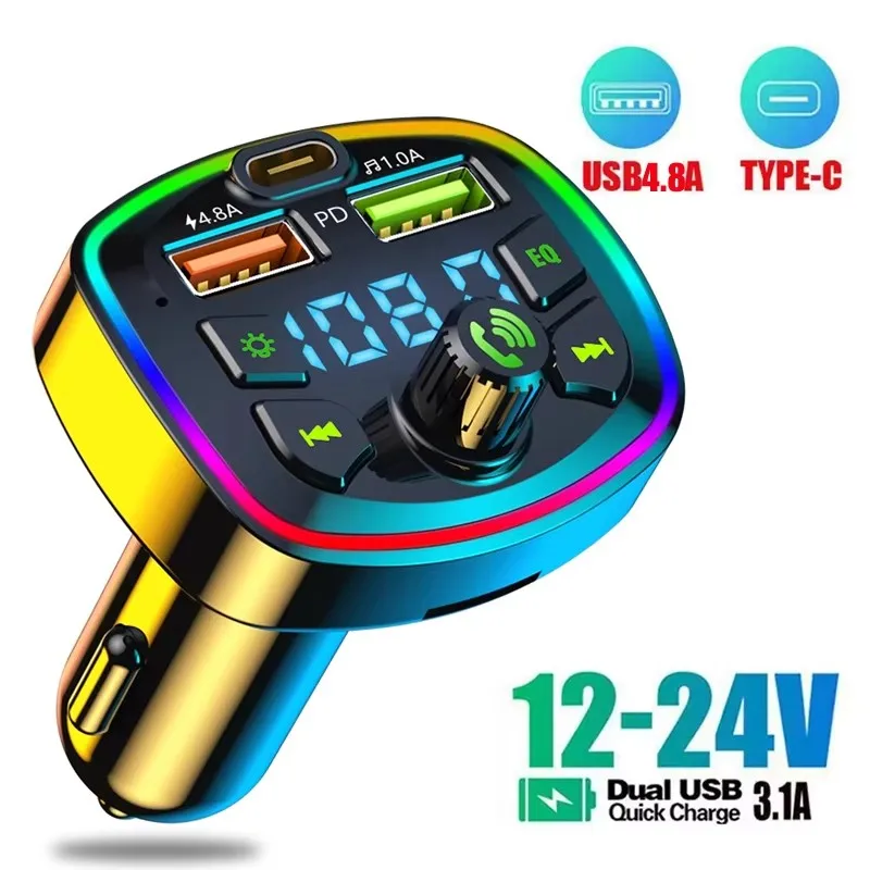 Bluetooth 5.0 Cigar Lighter Radio FM Transmitter PD 18W Type-C Dual USB Colorful Ambient Light Charger MP3 Music Player in Car