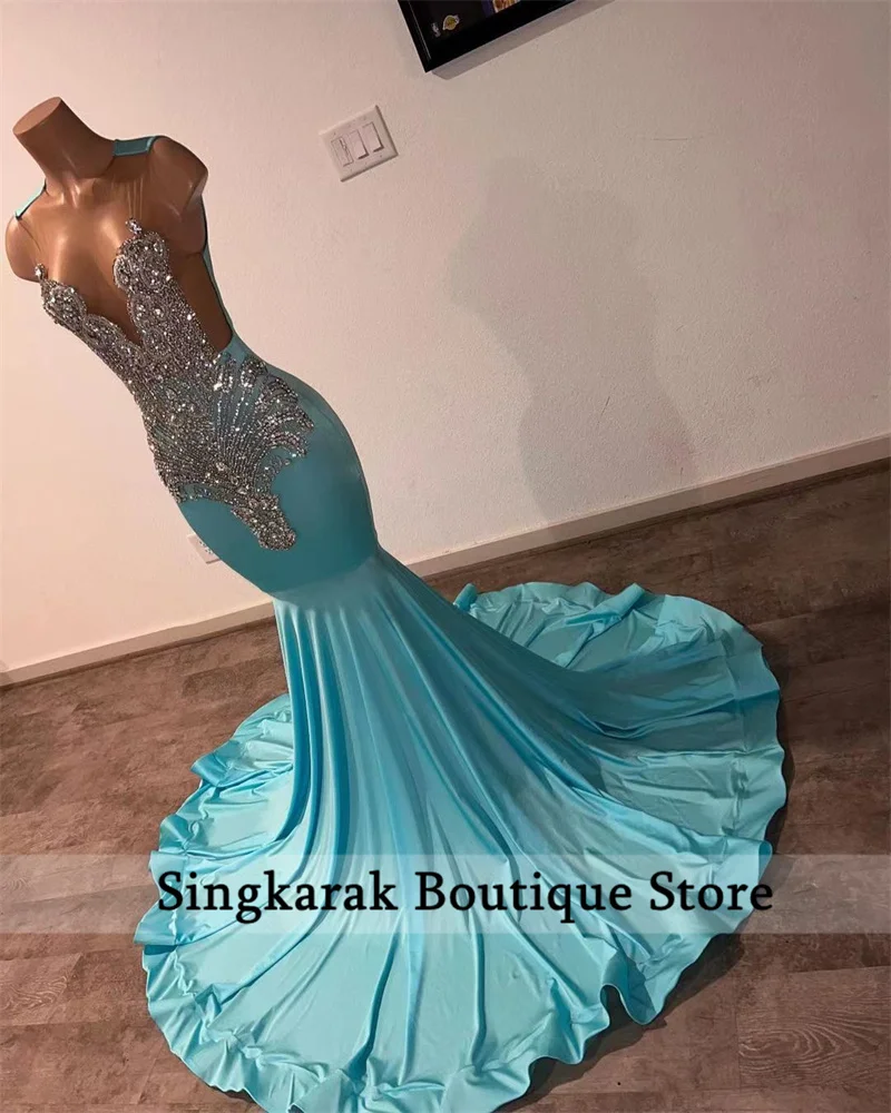 Luxury Diamonds Blue Long Prom Dress 2024 Crystal Rhinestone Beading Birthday Party Dress Wedding Reception Gown Robe De Bal