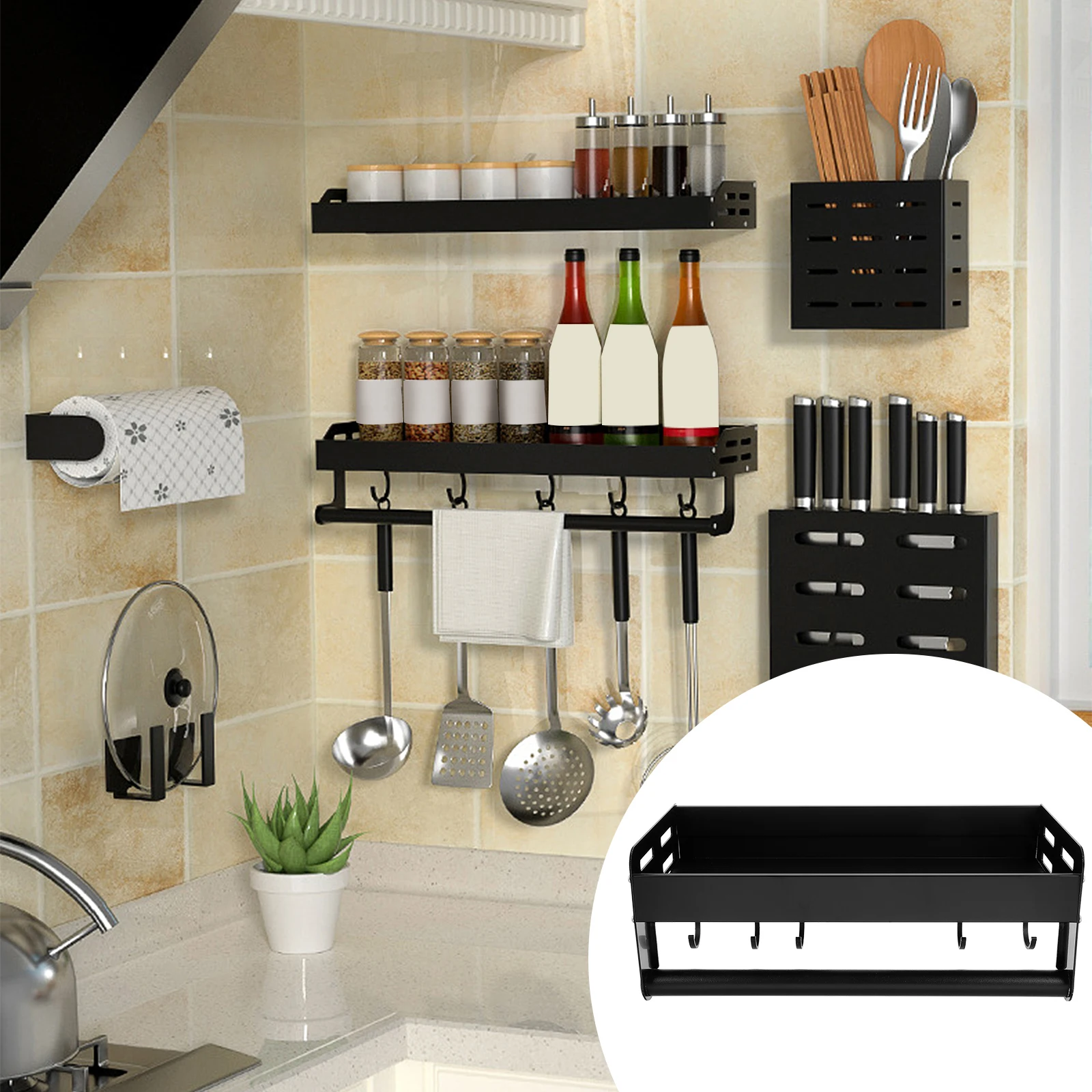 

Wall Mounted Spice Rack Organizer 6 Hooks Aluminum Storage Rack Floating Seasoning Shelf Corrosion Resistant Easy Clean Bathroom