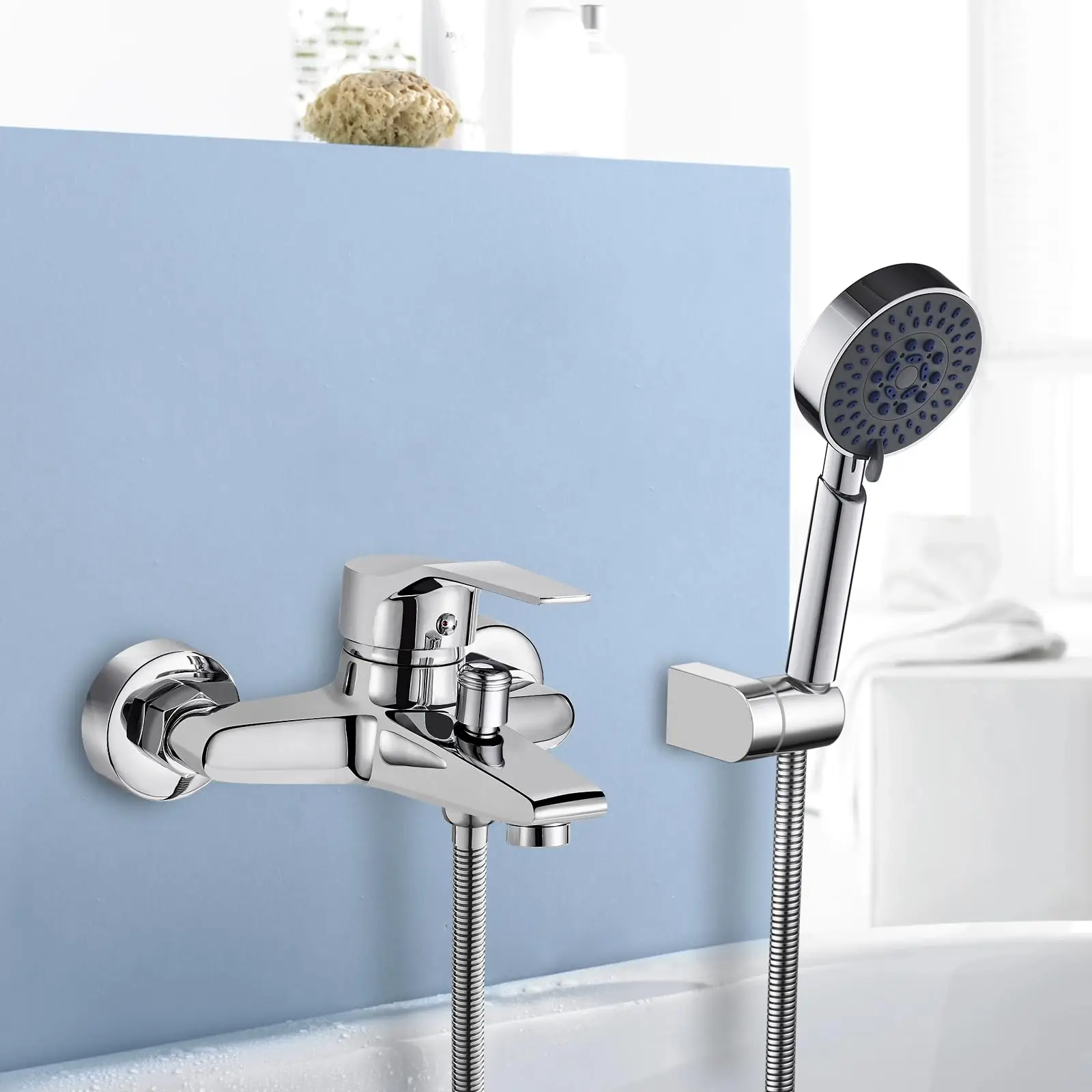 Oeegoo Bathtub faucet with hand shower with 5 functions, chrome bathtub faucet including wall bracket and 150 cm shower hose