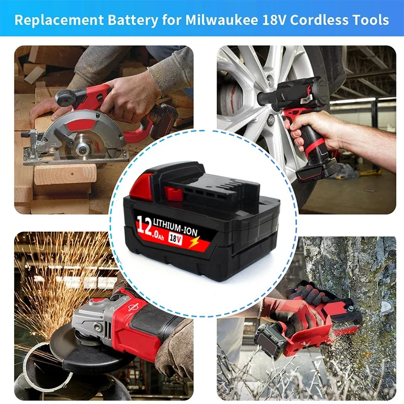 Original For Milwaukee M18 Power Tool Battery, Charger, BR, XC, 18V, 12000mAh M18B5, 48-11-1860, Built-in 21700 Battery