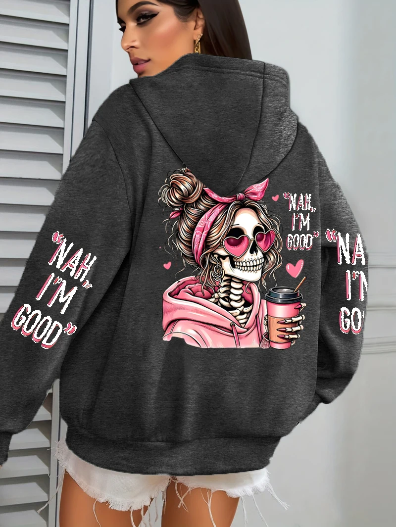 I'm Good Coffee Skull Lustiger Druck Damen-Hoodie, lockerer Jogging-Pullover, Fleece, Herbst-Sportbekleidung, lässiger Y2K-Unisex-Hoodie – Detail 9