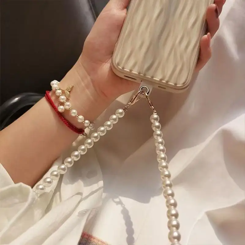 Lange Handy-Umhängetaschenkette mit Perlenbesatz, universelle Schnallenklammer – Detail 12