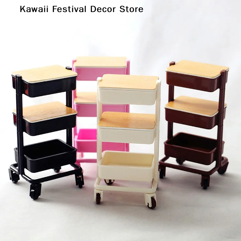 【K】1:12 Dollhouse Trolley Dining Cart With Wheel Storage Shelf Model Kitchen Furniture Accessories For Doll House Decor Toy Gift