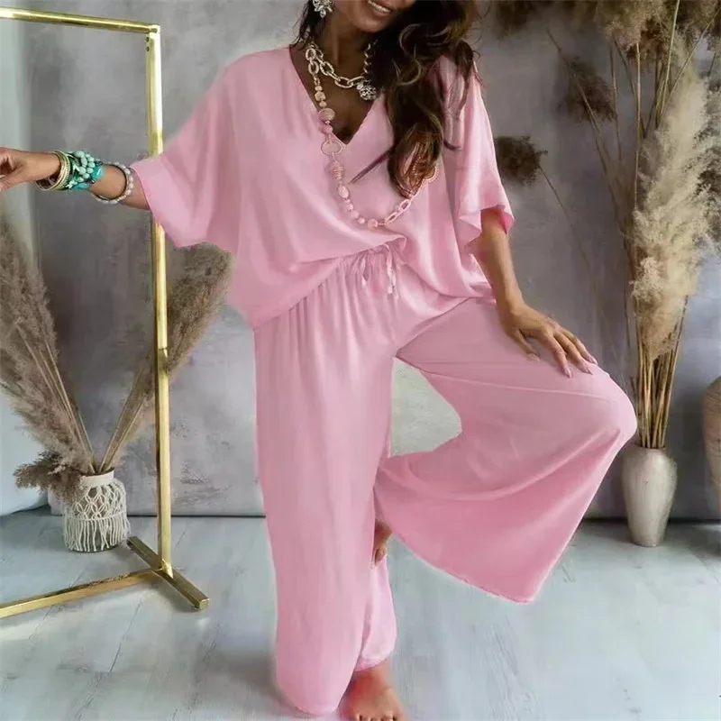 

2024 summer popular V-neck bat sleeve rayon top lace up casual pants suit