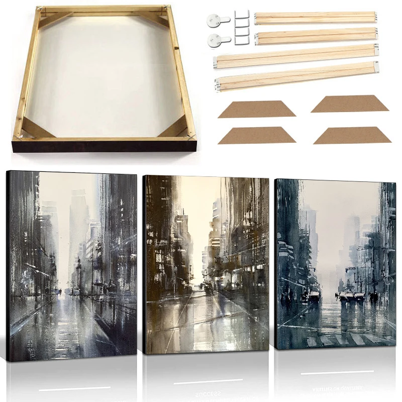 Vintage Poster Prints with Frame City Street View Wall Art Canvas Painting Modern Abstract Picture for Living Room Home Decor