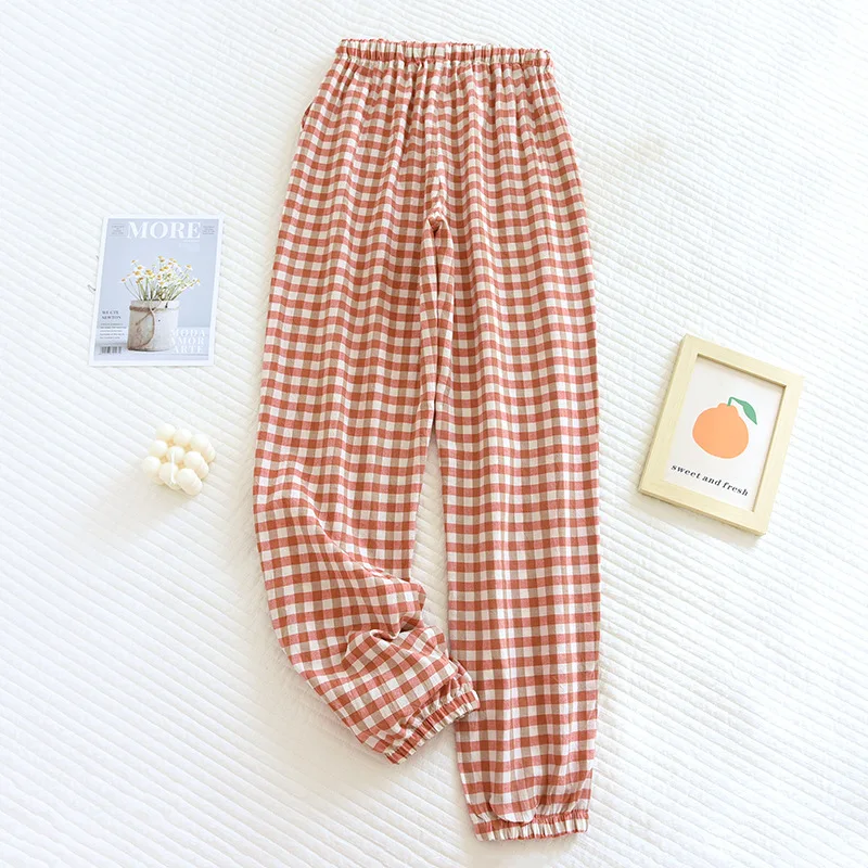 Simple Plaid Men and Women Household Pants Couple Pajamas Trousers Elastic Waist Sleep Bottoms Autumn Thin Cotton Lounge Wear