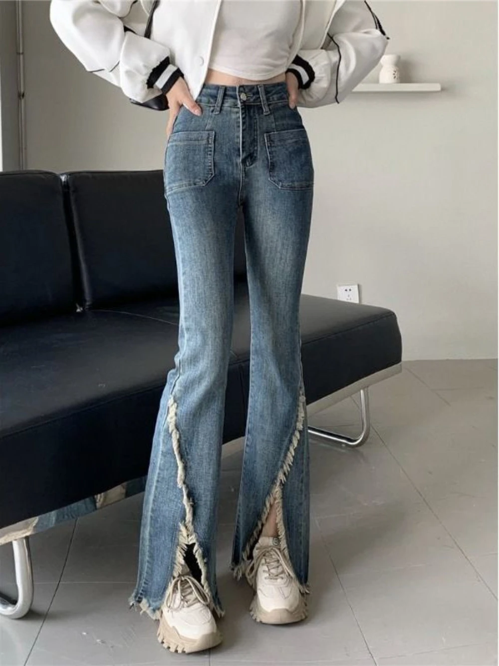 

Female Cowboy Pants High Waist Shot Slim Fit With Slits Trousers Japanese Y2k Clothes Wholesale Cool Unique Women's Flare Jeans