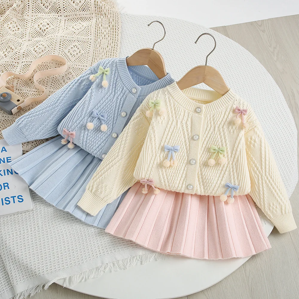 

MILANCEL New Autumn Kids Clothes Set 9M-5T Candy Color Bow Girls Knitted Sweater +Short Skirt Korean Loose Children Outfit 2PCS