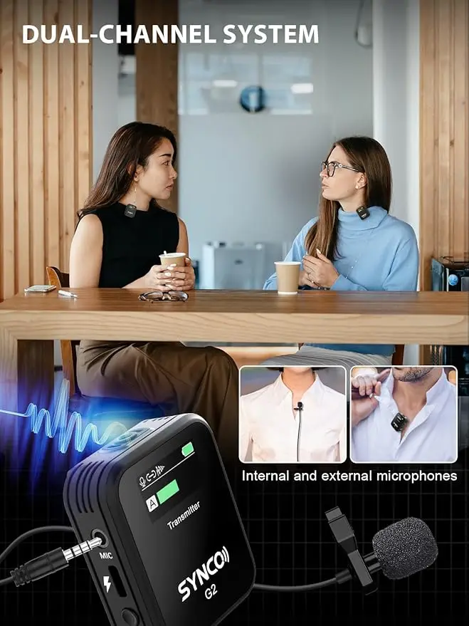 SYNCO Microfono lavalier wireless, G2(A2) 2.4G Doppio trasmettitore 48KHz 24Bit Microfono da bavero 656FT 8H per Vlog di classe online