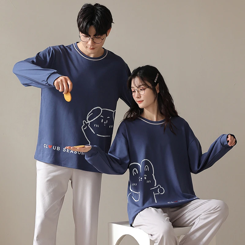 Blue couple's pajamas casual set long sleeved round neck all cotton men's and women's home wear spring and autumn M-3XL