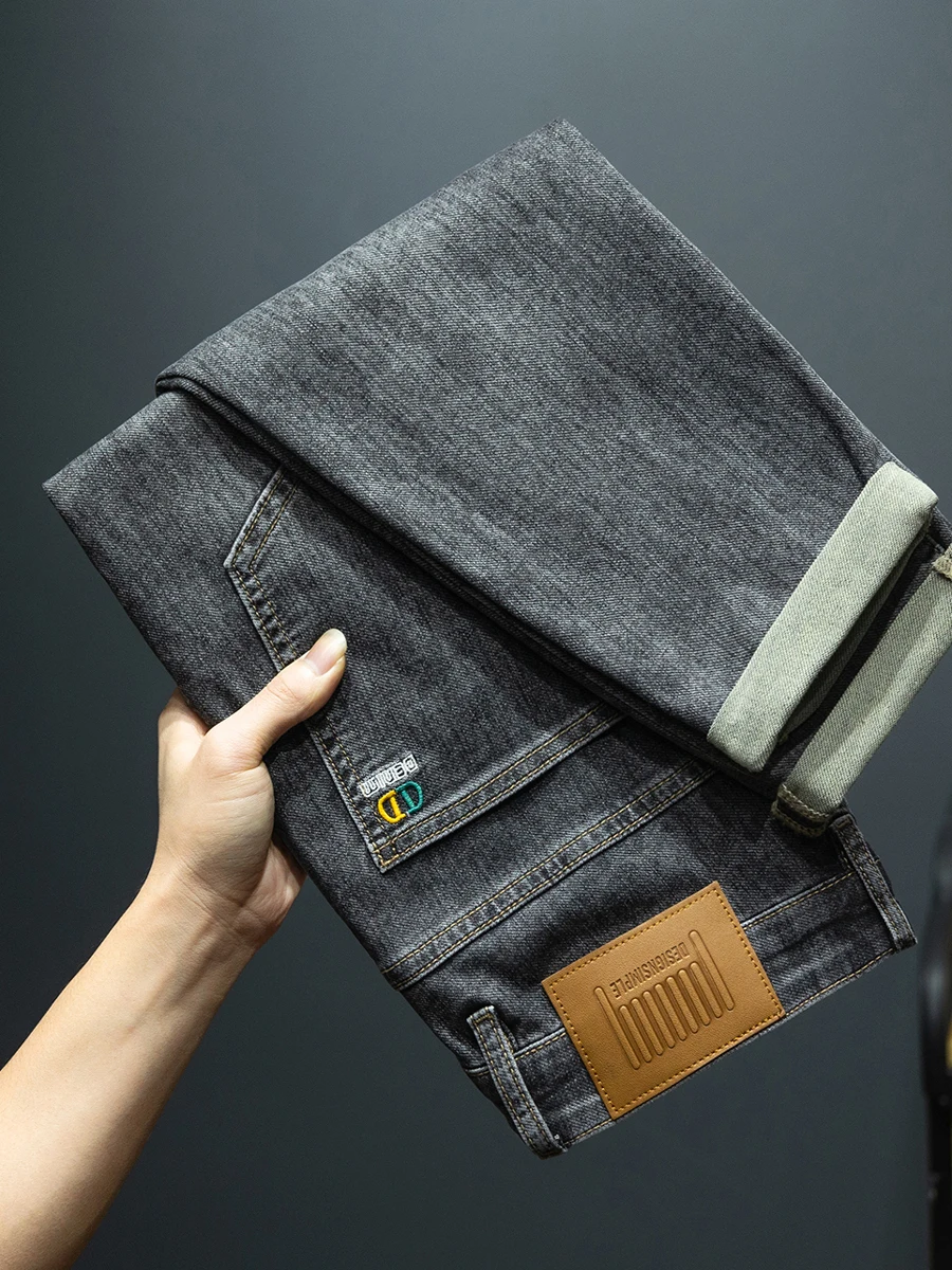 

Spring Summer 2025 Men's Slim Fit Long Jeans mid Waist Cotton Stretch Denim Youth Modern Style Black Grey Embroidered Trousers