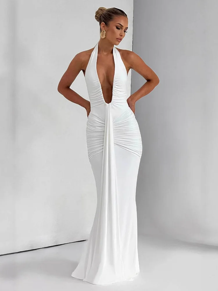 Col en V profond drapé froncé Sexy robe Maxi femmes mode d'été licou sans manches dos nu Club fête longue robe élégante