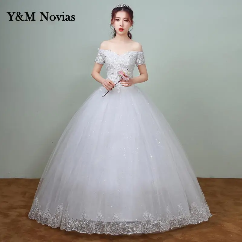 Off Should White Wedding Dress 2025 New Korean Style Lace Appliques vestidos de noiva Boat Neck Bridal Dress Custom pluse size